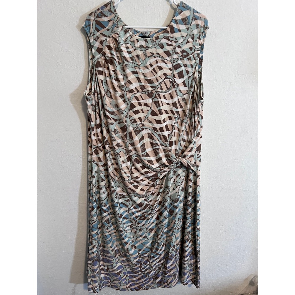 Nic+Zoe Women 2X Abstract Geometric Knot Front Sleeveless Sheath Dress Blue Tan